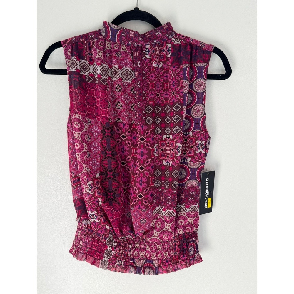 NWT Karl Lagerfeld Paris Pink Purple Paisley Mock Neck Smocked Blouse XS